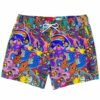 Blue dense cartoon rave swim trunks with doodle sea creatures front view laid flat