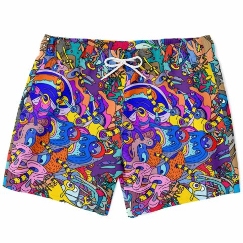 Blue dense cartoon rave swim trunks with doodle sea creatures front view laid flat
