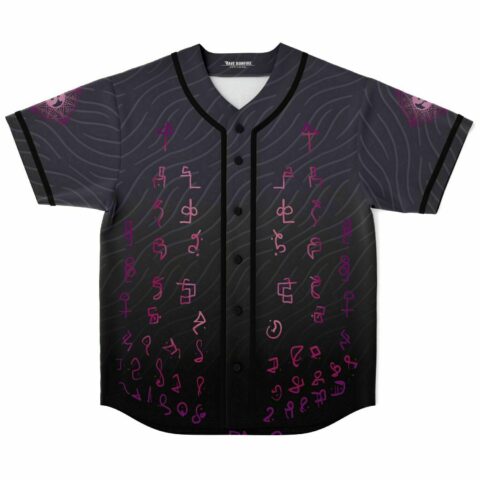 Front view of black charcoal jersey with pink arcane symbols and mystical rune print