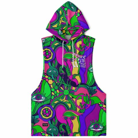Sleeveless hoodie front with psychedelic peace and love design