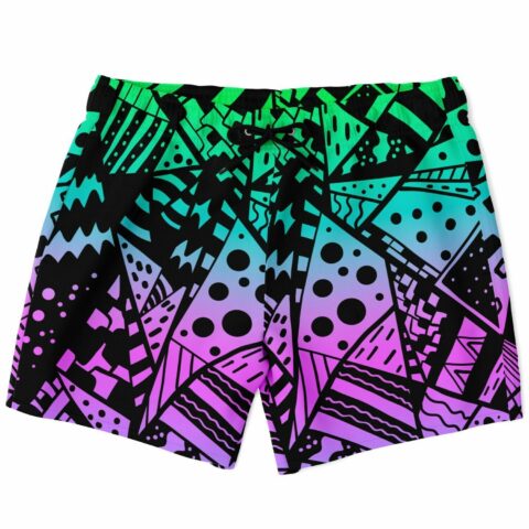 Green to purple gradient Memphis rave swim trunks with black geometric shard print, flat lay