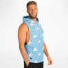 A man wearing a Rave daddy sleeveless hoodie with clouds on it.