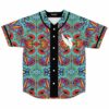 teal kaleidoscopic geometric print baseball jersey with white wing logo front view