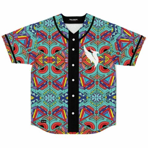 teal kaleidoscopic geometric print baseball jersey with white wing logo front view
