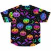 Back view of colorful Halloween rave baseball jersey with spooky pumpkin and bat pattern