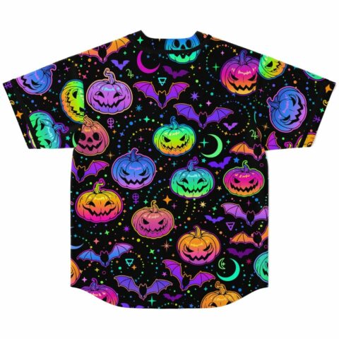 Back view baseball jersey with spooky pumpkin and bat pattern