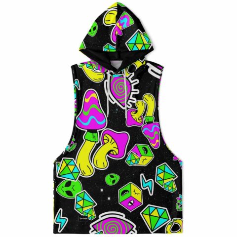 A Colorful trippy pattern Sleeveless hoodie with psychedelic designs on it.