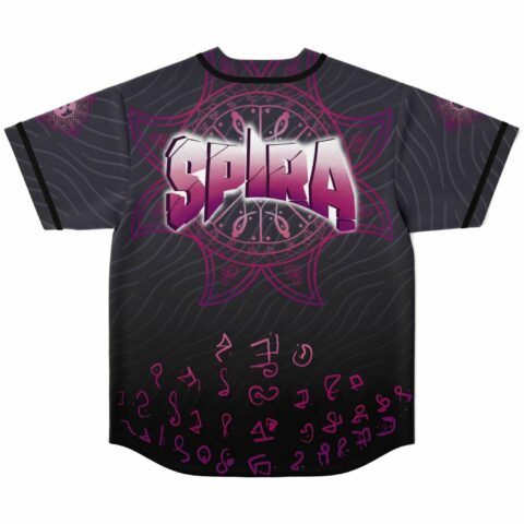 Back view of jersey with SPIRA text over purple mandala design and scattered rune symbols