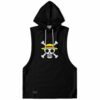 Black straw hat skull rave sleeveless hoodie, front view with skull and crossbones graphic