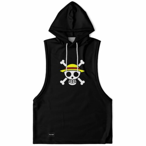 Black sleeveless hoodie with straw hat skull and crossbones design front view