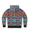 Back view of teal kaleidoscope doodle print hoodie showing mirrored geometric pattern