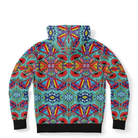 Back view of teal kaleidoscope doodle print hoodie showing mirrored geometric pattern