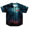 Front view of eerie forest rave baseball jersey with glowing moon and monster silhouettes