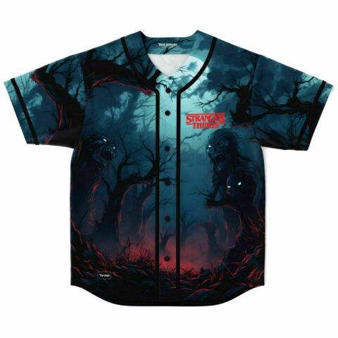 Front view of eerie forest rave baseball jersey with glowing moon and monster silhouettes