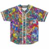 Baseball jersey with dense doodle print of snorkelers clownfish and lobsters, front flat lay