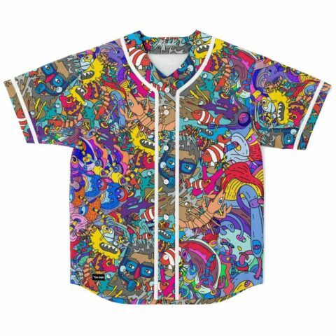 Baseball jersey with dense doodle print of snorkelers clownfish and lobsters, front flat lay