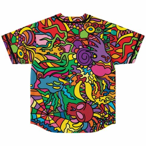 Back view of dense psychedelic doodle jersey showing purple swirl motif and bold black outlines