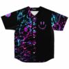 Black baseball jersey with pink and cyan paint splatter and dripping smiley face front view