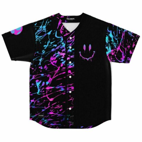 Black baseball jersey with pink and cyan paint splatter and dripping smiley face front view