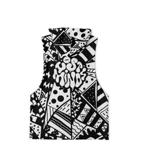 A black and white Lost Minds Sleeveless Hoodie with black and white designs.