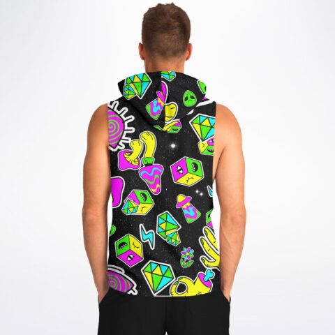 A man wearing a black sleeveless hoodie with a Colorful trippy pattern.