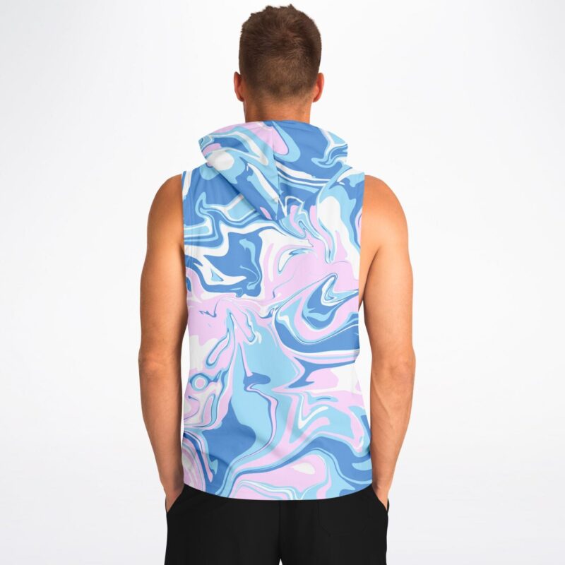 The back of a man wearing an Acid trip Sleeveless hoodie.