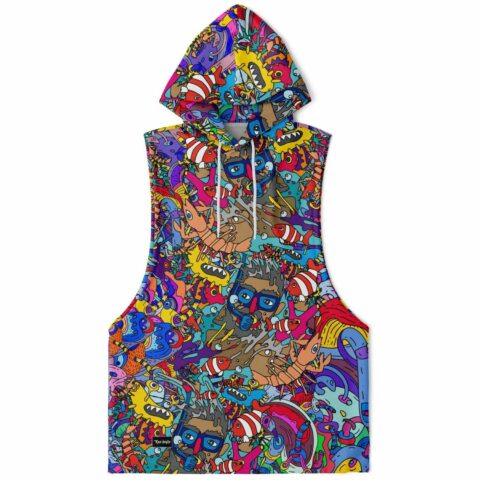 Colorful sleeveless hoodie with whimsical doodle design