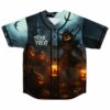 Trick or Treat scarecrow jersey with glowing jack-o-lanterns and bats, front view flat lay