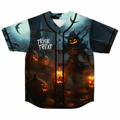 Trick or Treat scarecrow jersey with glowing jack-o-lanterns and bats, front view flat lay