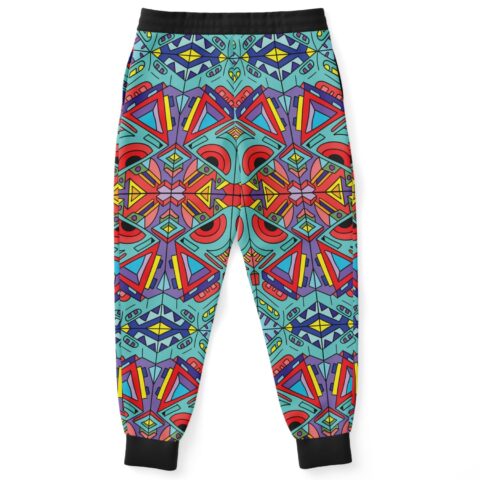 Vibrant joggers featuring abstract shapes and bold multicolored artwork