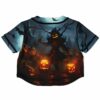 Halloween pumpkin rave cropped baseball jersey with dark eerie Halloween and bat artwork, back view