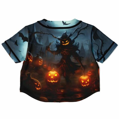 Back view cropped jersey with dark eerie Halloween and bat artwork