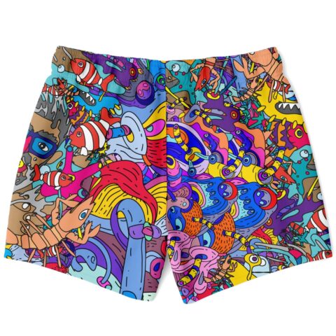 Doodle monster print swim trunks back view showing clownfish and lobster characters