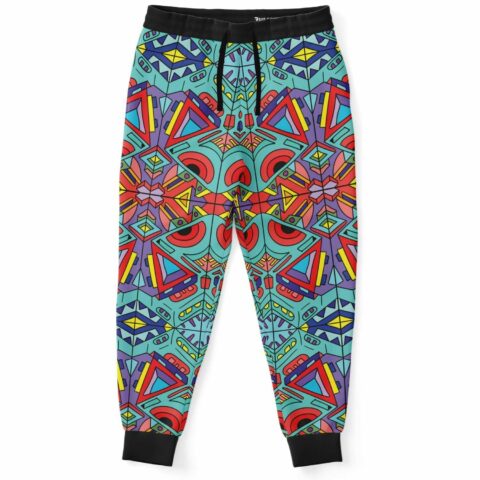 Joggers with colorful trippy doodle pattern and geometric designs