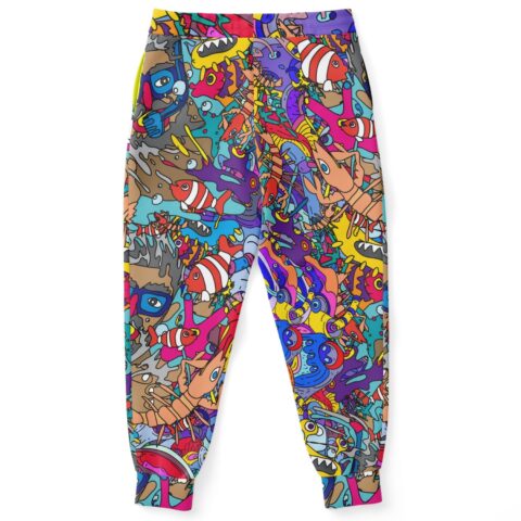 Artistic joggers showcasing vibrant underwater-themed doodles.