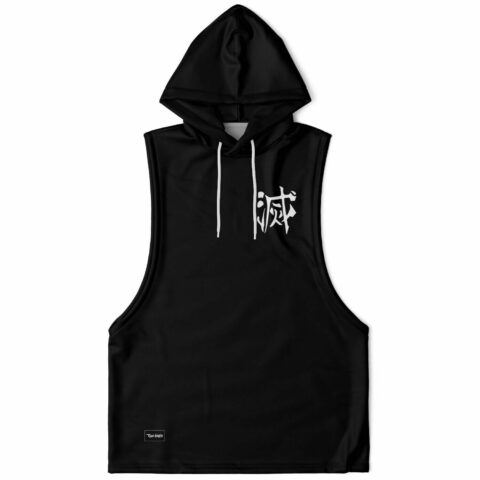Black sleeveless hoodie with white brushstroke kanji symbol on chest, front view