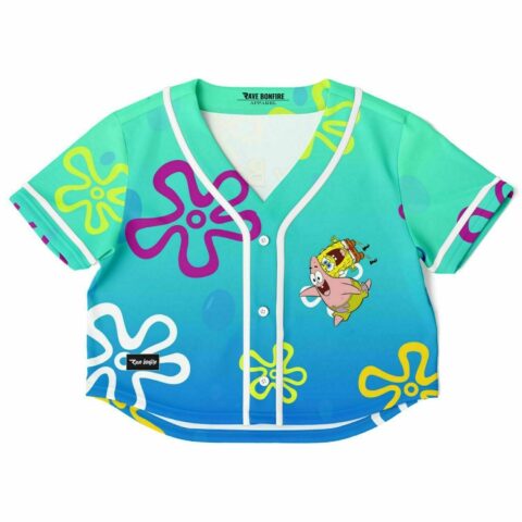 Cropped baseball jersey with colorful underwater-themed characters and flowers.