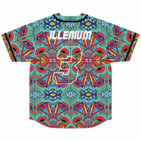 back view of teal geometric jersey with white number 3 and bold text