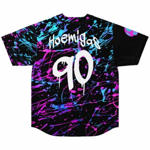 Back view of paint splatter jersey with dripping text Hoemigas and number 90