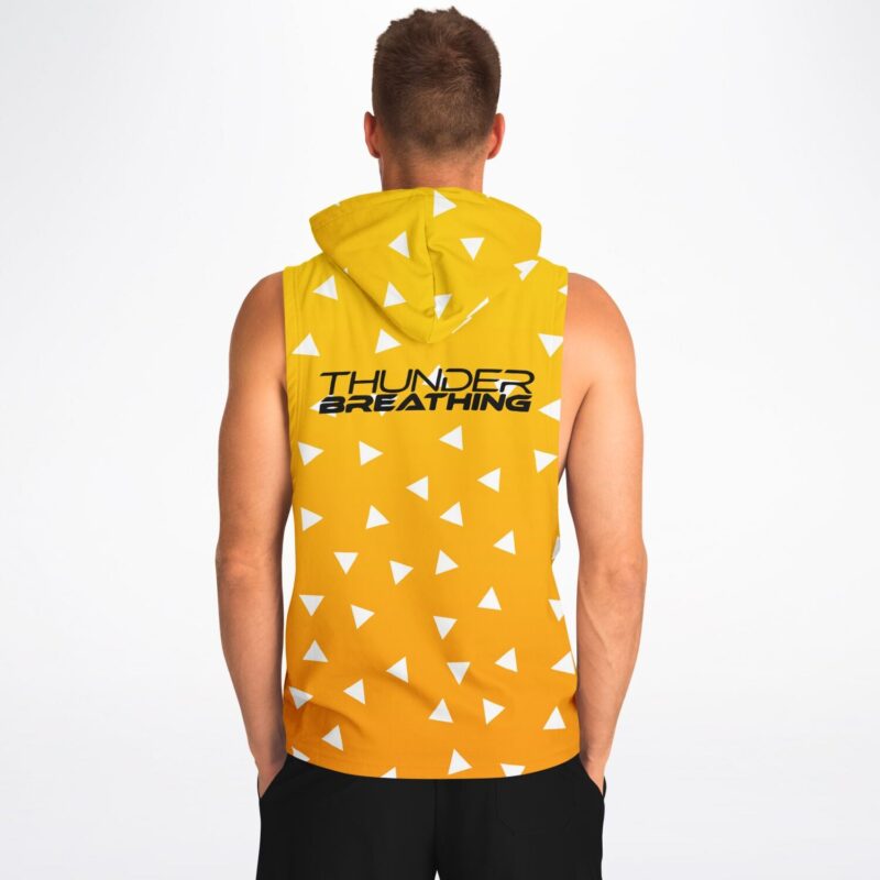 A man wearing a Thunder breathing Sleeveless hoodie with triangles on it.