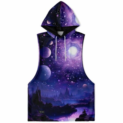 An Outerspace Sleeveless Hoodie with an image of planets and stars.