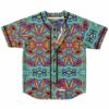 Front lay flat of festival baseball jersey showing teal tribal kaleidoscope design