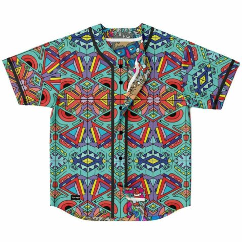 Front lay flat of festival baseball jersey showing teal tribal kaleidoscope design