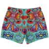 Symmetrical geometric mask design on turquoise swim trunks flat lay back view