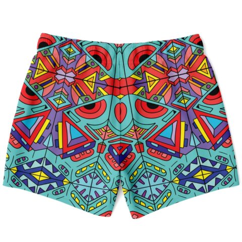 Symmetrical geometric mask design on turquoise swim trunks flat lay back view