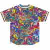 Dense doodle rave jersey back view showing repeating snorkeler faces and tropical fish pattern