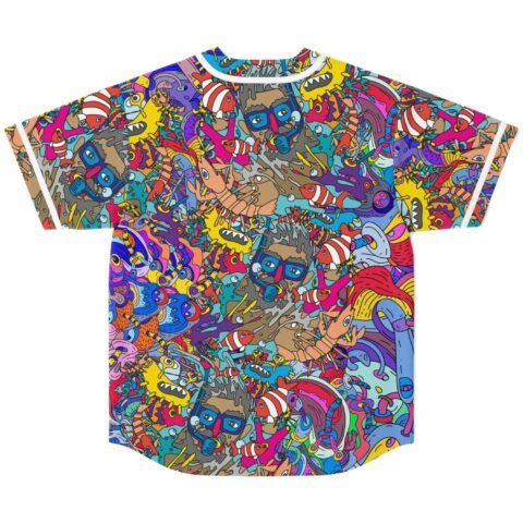 Dense doodle rave jersey back view showing repeating snorkeler faces and tropical fish pattern