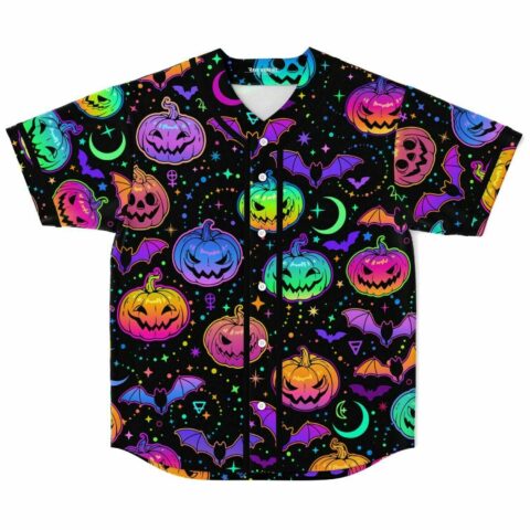 Vibrant baseball jersey with colorful Halloween pumpkin and bat design