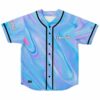 Blue and pink iridescent liquid swirl baseball jersey with Evan Giia text front view