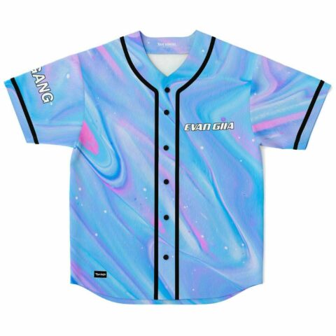 Blue and pink iridescent liquid swirl baseball jersey with Evan Giia text front view